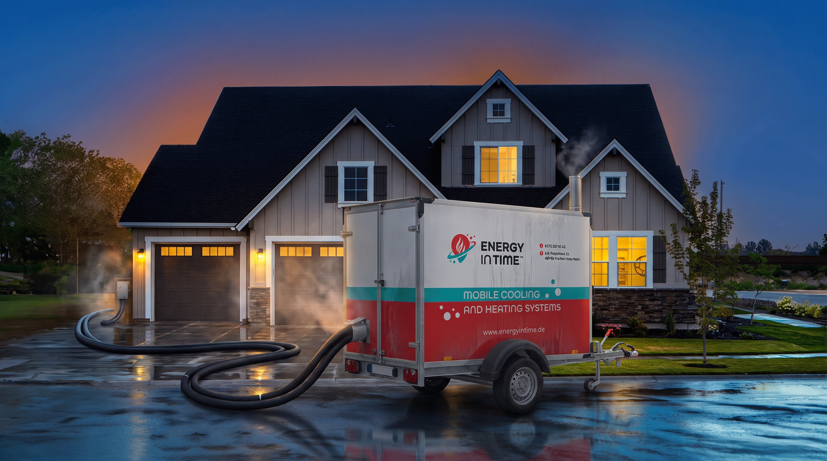 Mobile Heizzentrale von Energy in Time im Einsatz an einem Wohnhaus